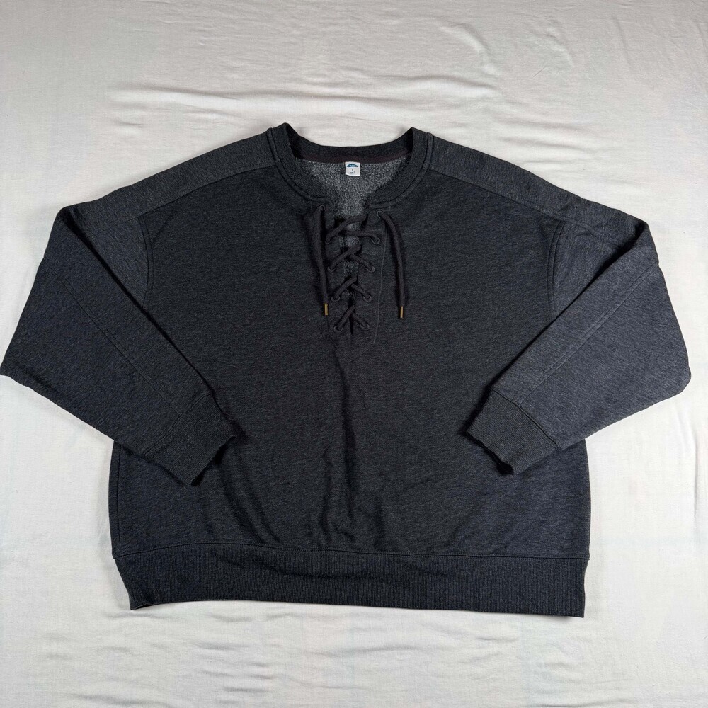Old Navy Sweatshirt Womens Large Dark Charcoal Gray Lace Up Front Fleece Pullove